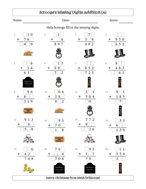 The Ebenezer Scrooge's Missing Digits Addition (Easier Version) (A) Math Worksheet