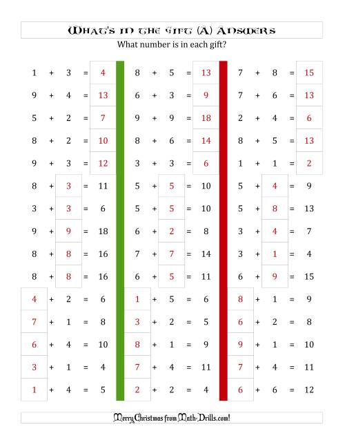 The What's in the Gift? Addition (Sums to 18) (A) Math Worksheet Page 2