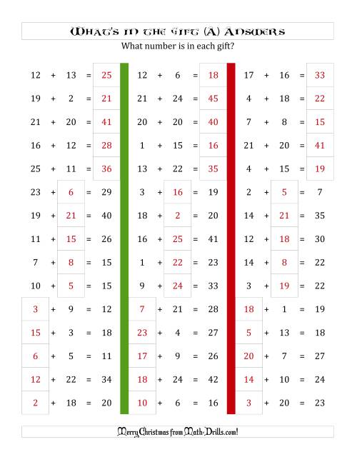 The What's in the Gift? Addition (Sums to 50) (A) Math Worksheet Page 2