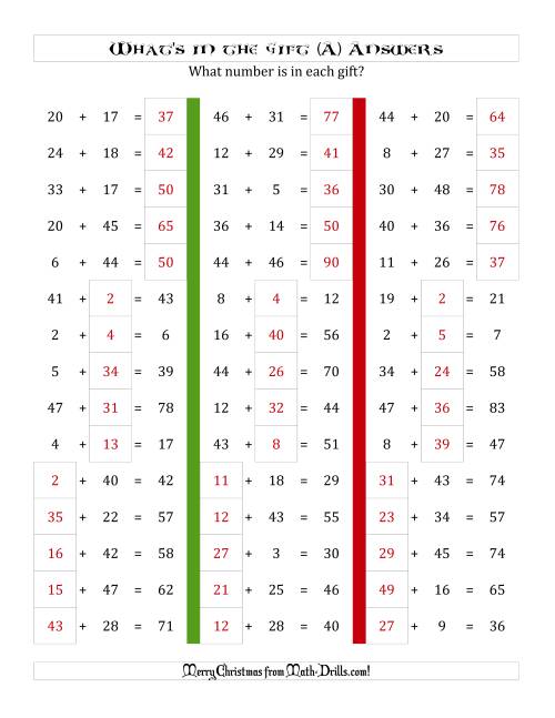 The What's in the Gift? Addition (Sums to 98) (A) Math Worksheet Page 2