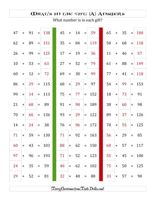 The What's in the Gift? Addition (Sums to 198) (A) Math Worksheet Page 2