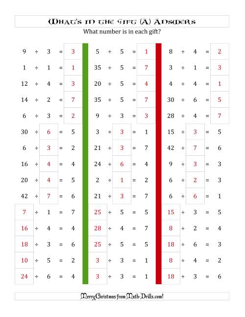 The What's in the Gift? Division (Dividends to 49) (A) Math Worksheet Page 2