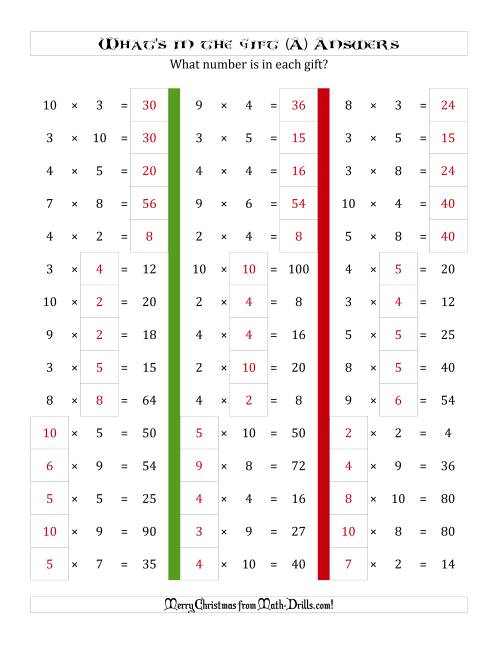 The What's in the Gift? Multiplication (Products to 100) (A) Math Worksheet Page 2