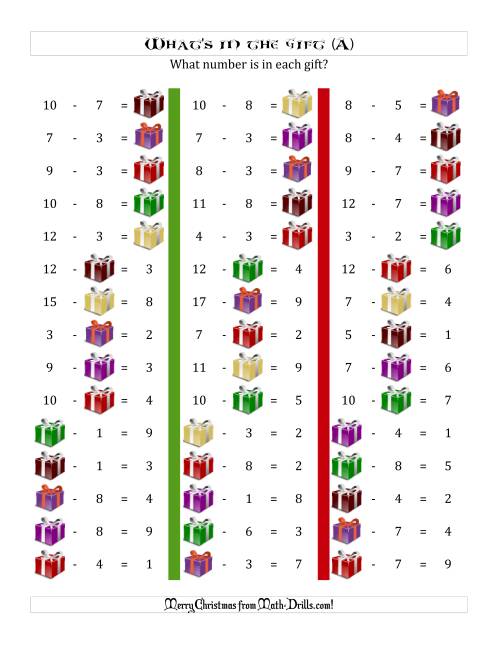 The What's in the Gift? Subtraction (Differences to 9) (A) Math Worksheet