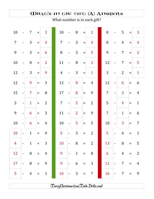 The What's in the Gift? Subtraction (Differences to 9) (A) Math Worksheet Page 2