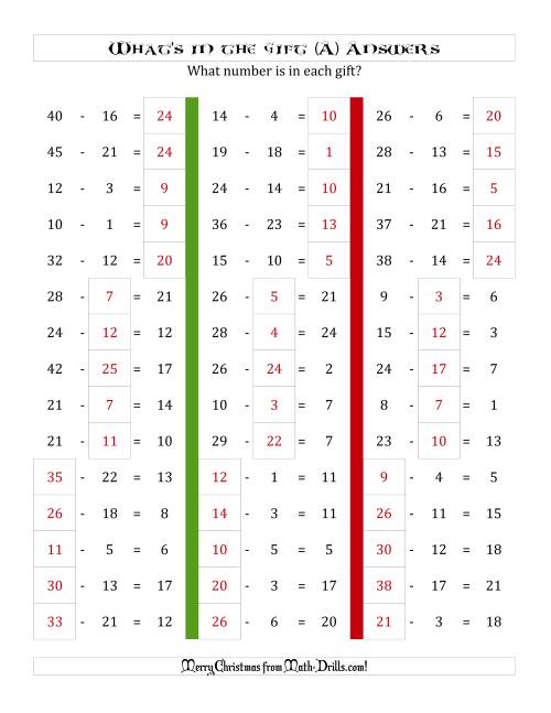 The What's in the Gift? Subtraction (Differences to 25) (A) Math Worksheet Page 2