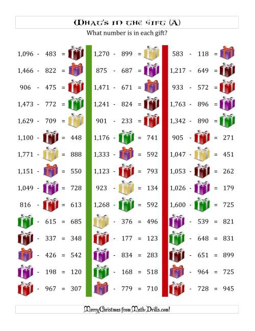 The What's in the Gift? Subtraction (Differences to 999) (A) Math Worksheet