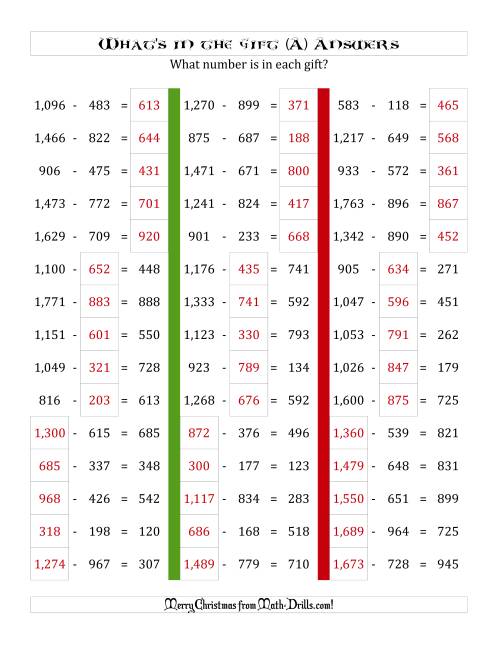 The What's in the Gift? Subtraction (Differences to 999) (A) Math Worksheet Page 2